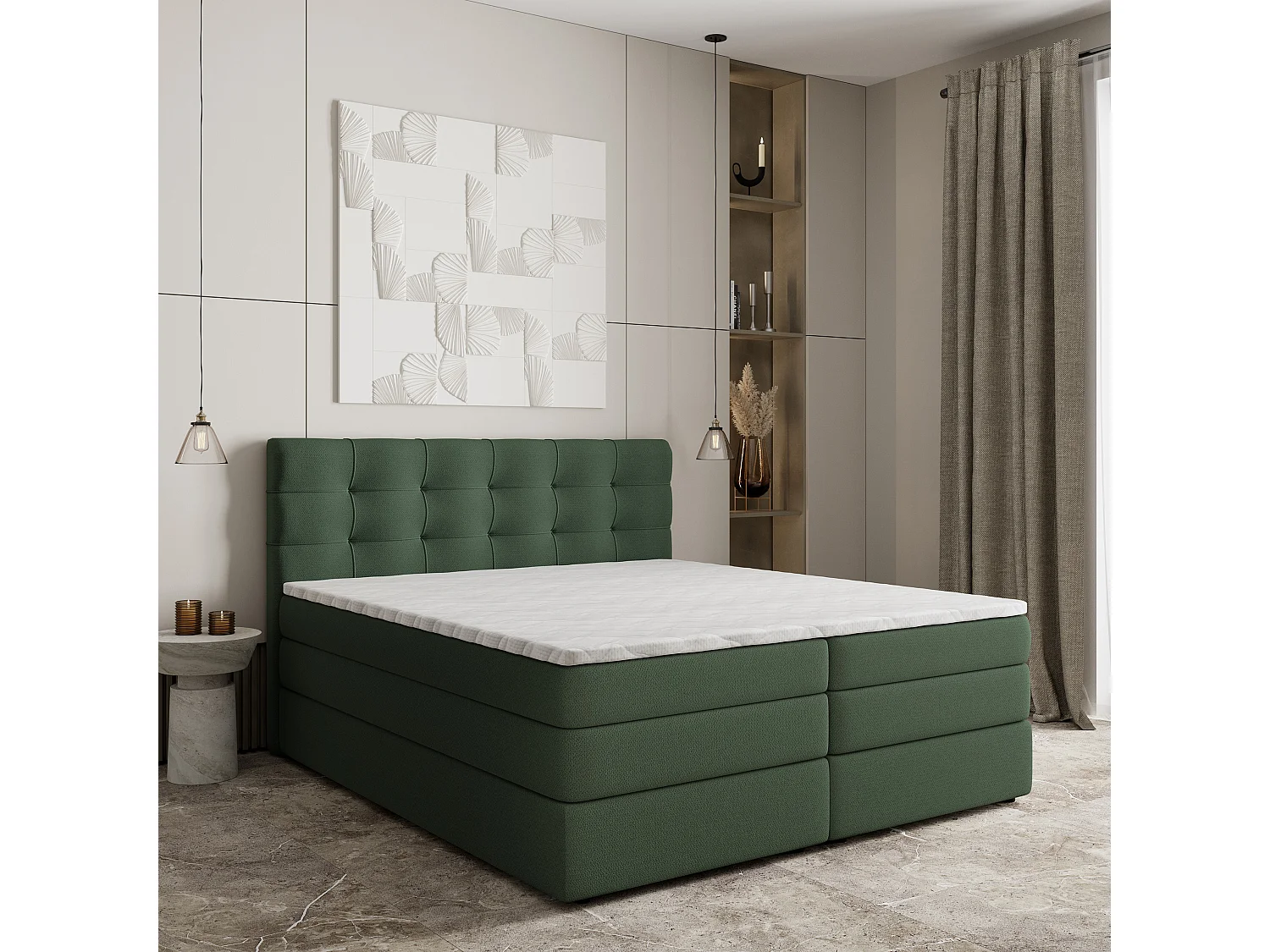 Lit continental AREZI, 140x200 cm, Tissu tressé, Vert