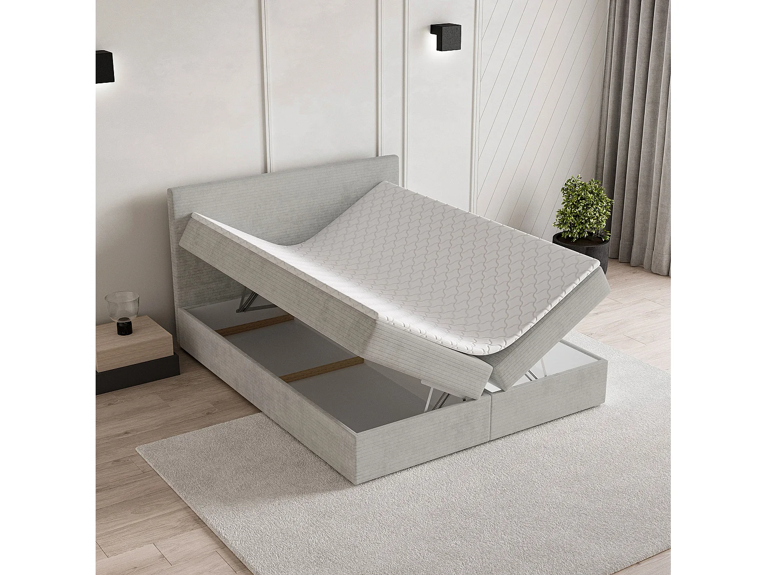 Lit continental NIRA, 140x200 cm, Tissu pelucheux, Gris clair
