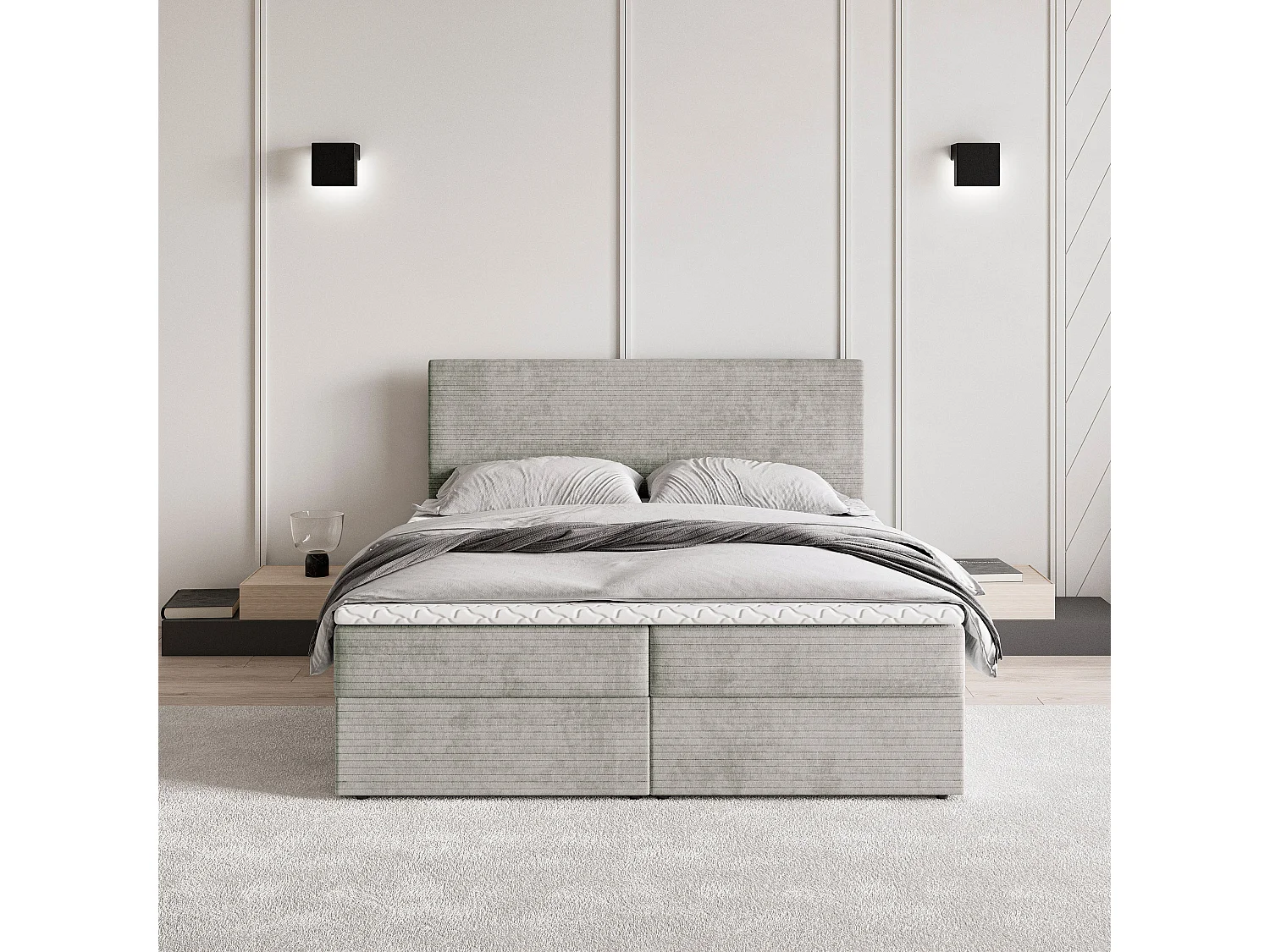 Lit continental NIRA, 140x200 cm, Tissu pelucheux, Gris clair
