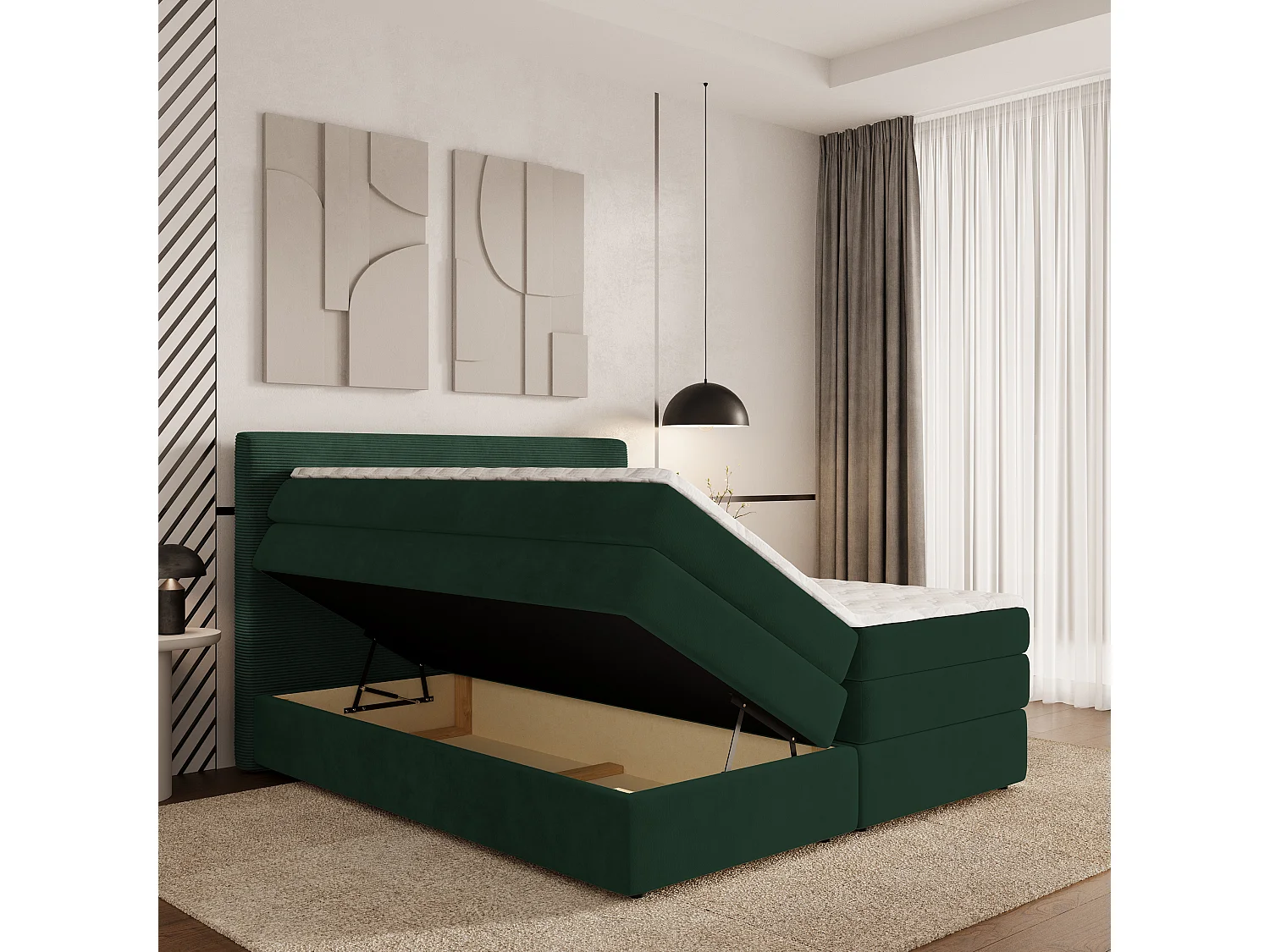 Lit continental MATERN, 180x200 cm, Tissu pelucheux, Vert