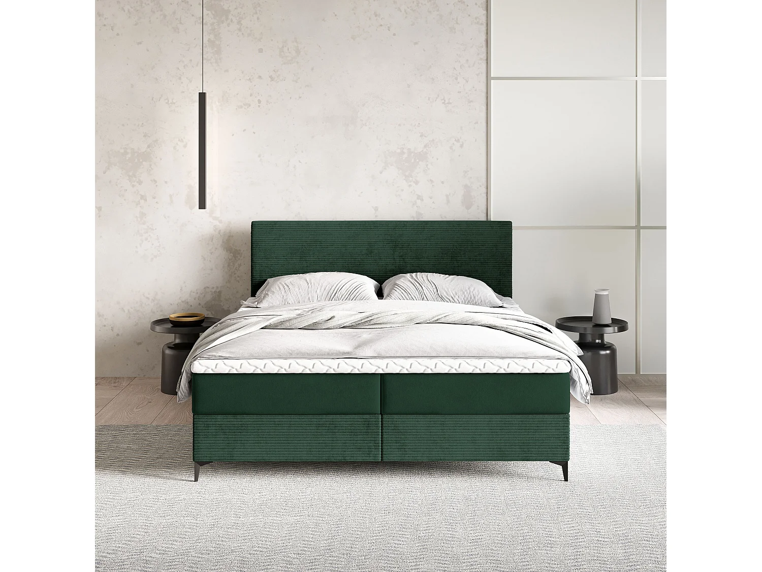 Lit continental TORREL, 160x200 cm, Tissu pelucheux, Vert