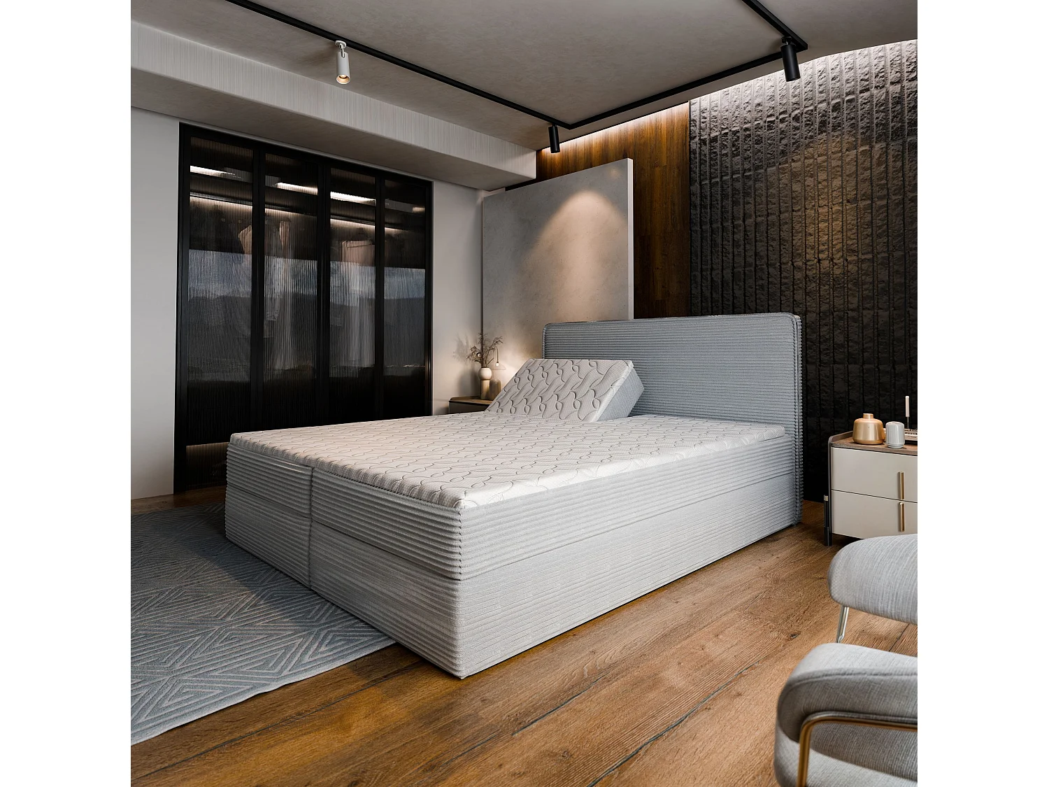 Lit continental ASTOR, 140x200 cm, Tissu en velours côtelé, Gris clair