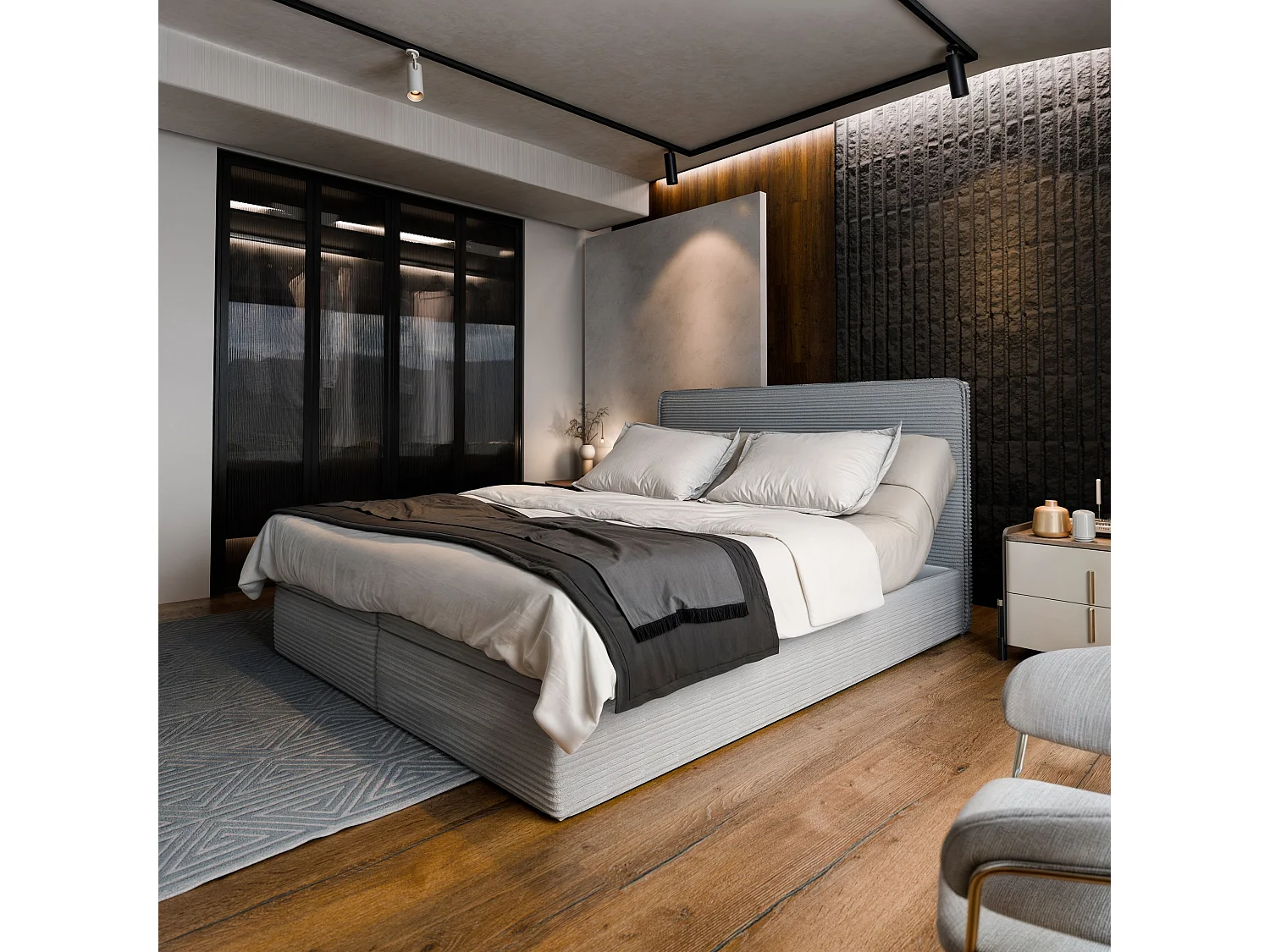 Lit continental ASTOR, 140x200 cm, Tissu en velours côtelé, Gris clair