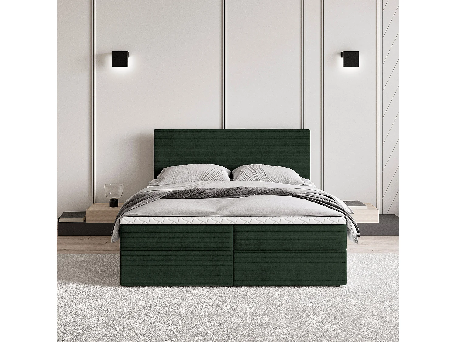 Lit continental NIRA, 180x200 cm, Tissu pelucheux, Vert