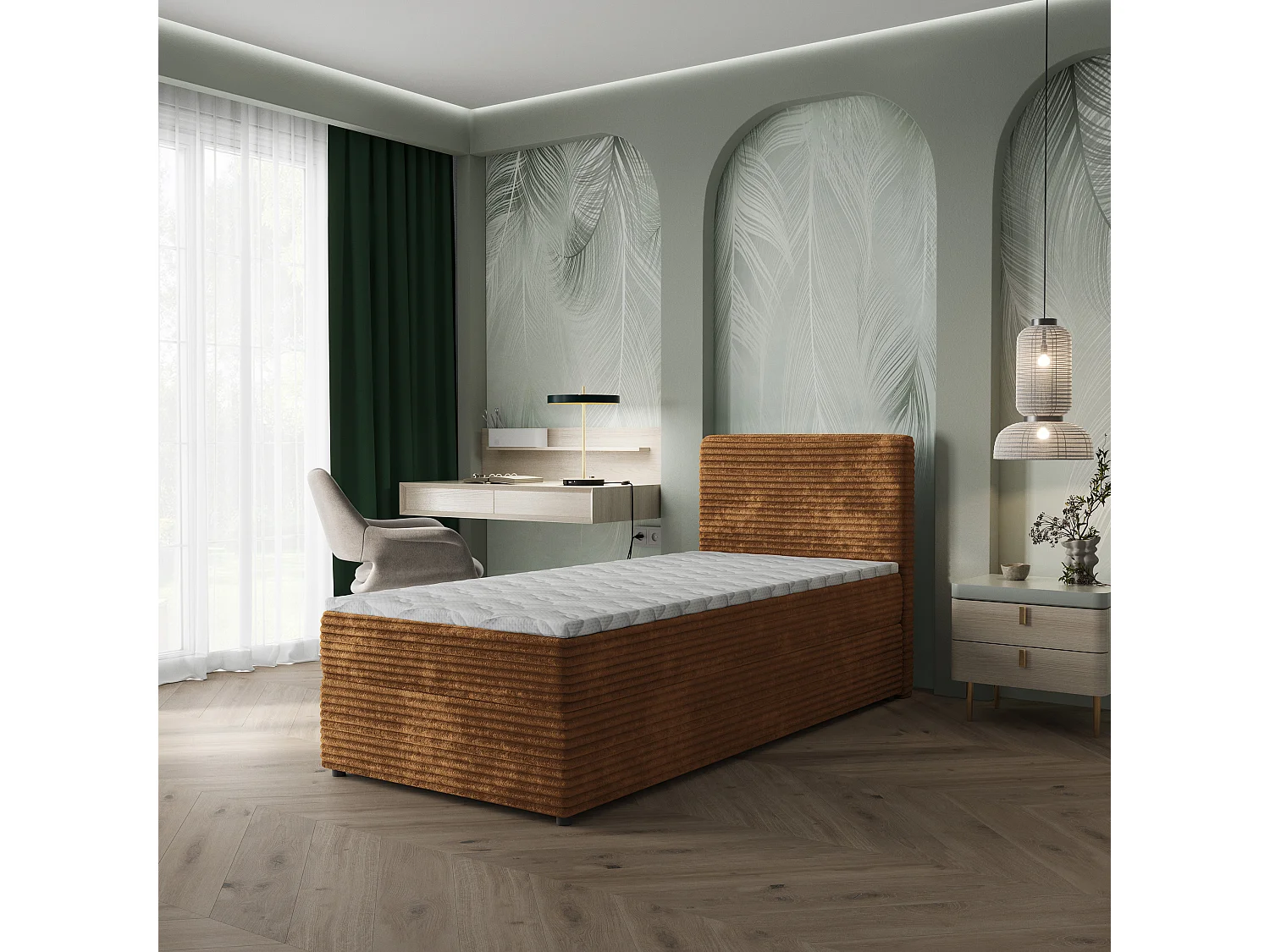 Boxspringbed PISA 90x200 cm Set met hoofdbord, bedbodem en matras, Koperkleurig