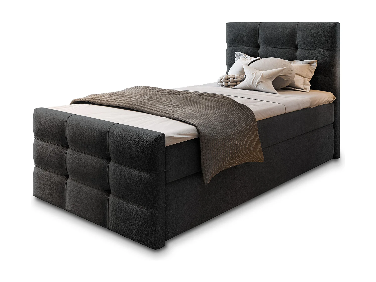 Lit continental AMON, 90x200 cm, Tissu tressé, Noir