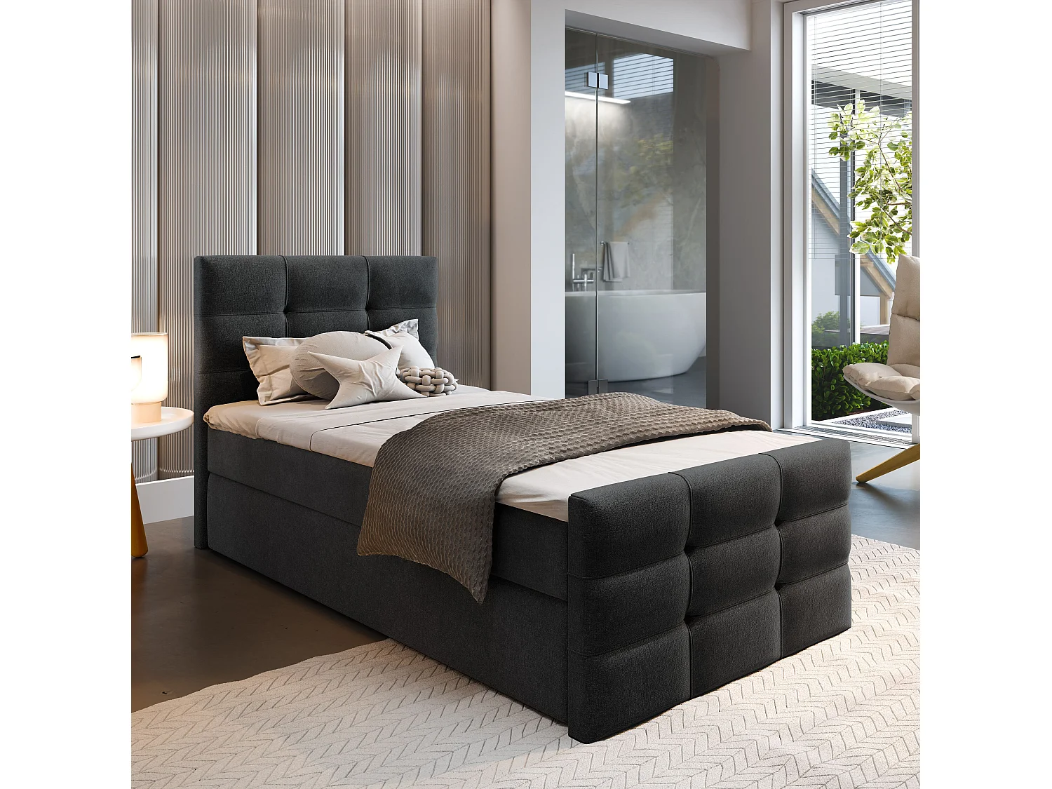 Lit continental AMON, 90x200 cm, Tissu tressé, Noir