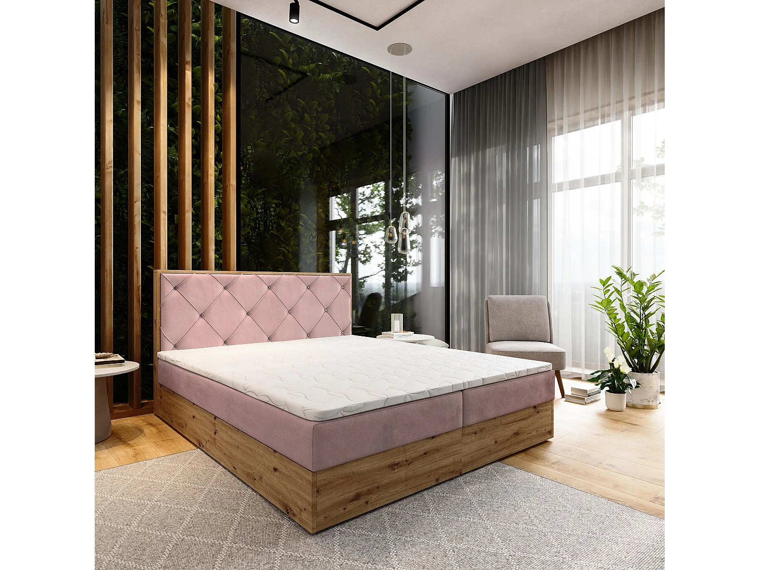 Boxspringbed FOSCO 140x200 cm Set met hoofdbord, bedbodem en matras, Poederroze
