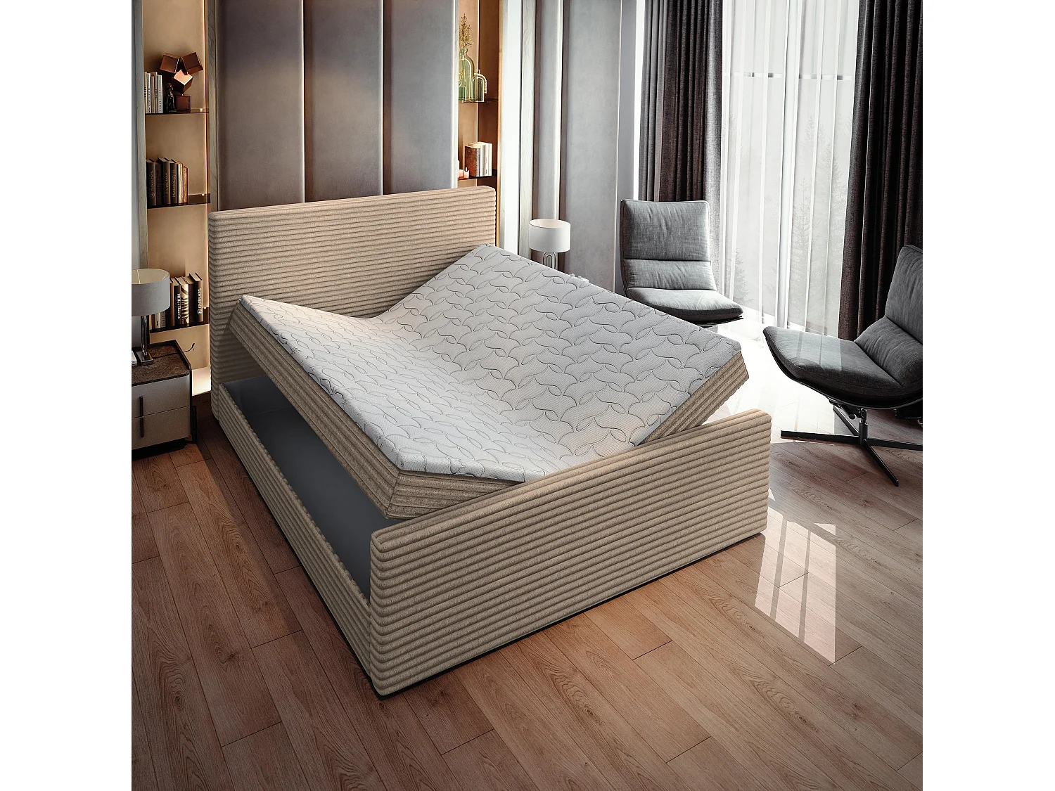 Boxspringbed BRENTO 140x200 cm Set met hoofdbord, bedbodem en matras, Beige