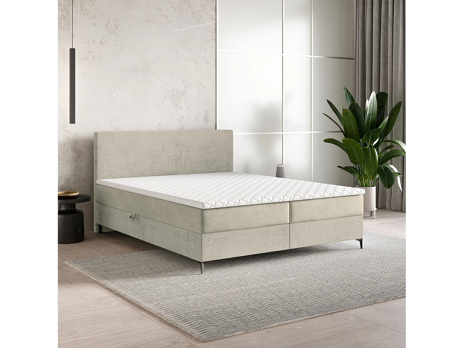Lit continental TORREL, 160x200 cm, Tissu pelucheux, Couleur crème