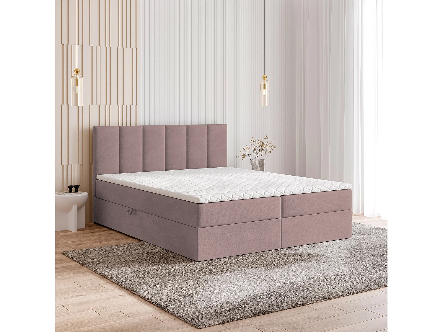 Lit continental MERIL, 180x200 cm, Tissu pelucheux, Rose