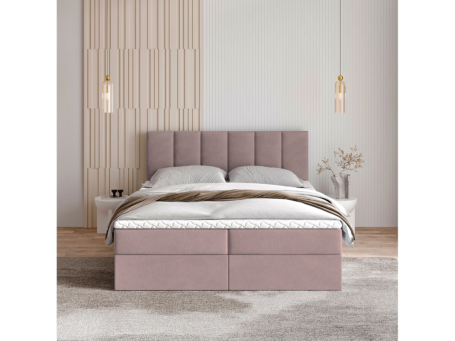 Lit continental MERIL, 180x200 cm, Tissu pelucheux, Rose