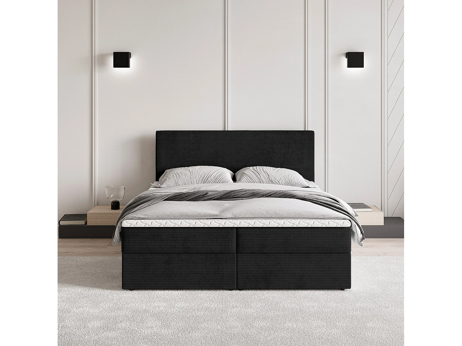 Lit continental NIRA, 160x200 cm, Tissu pelucheux, Noir
