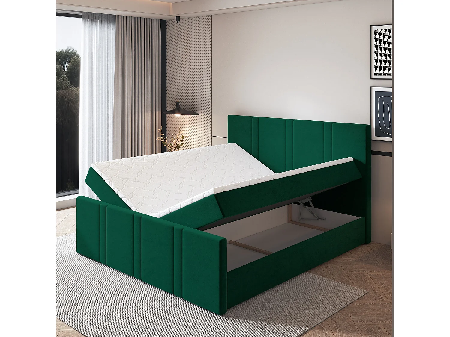 Lit continental COMOZA, 160x200 cm, Tissu pelucheux, Vert