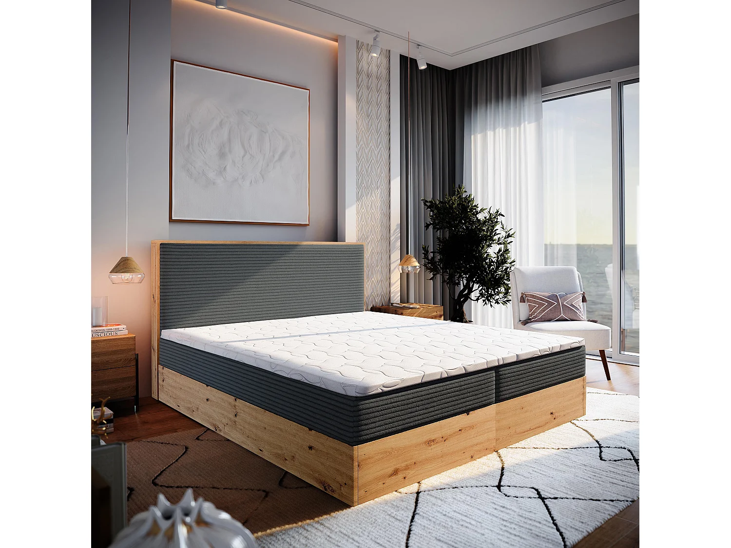 Lit continental VERDON, 160x200 cm, Tissu en velours côtelé, Gris