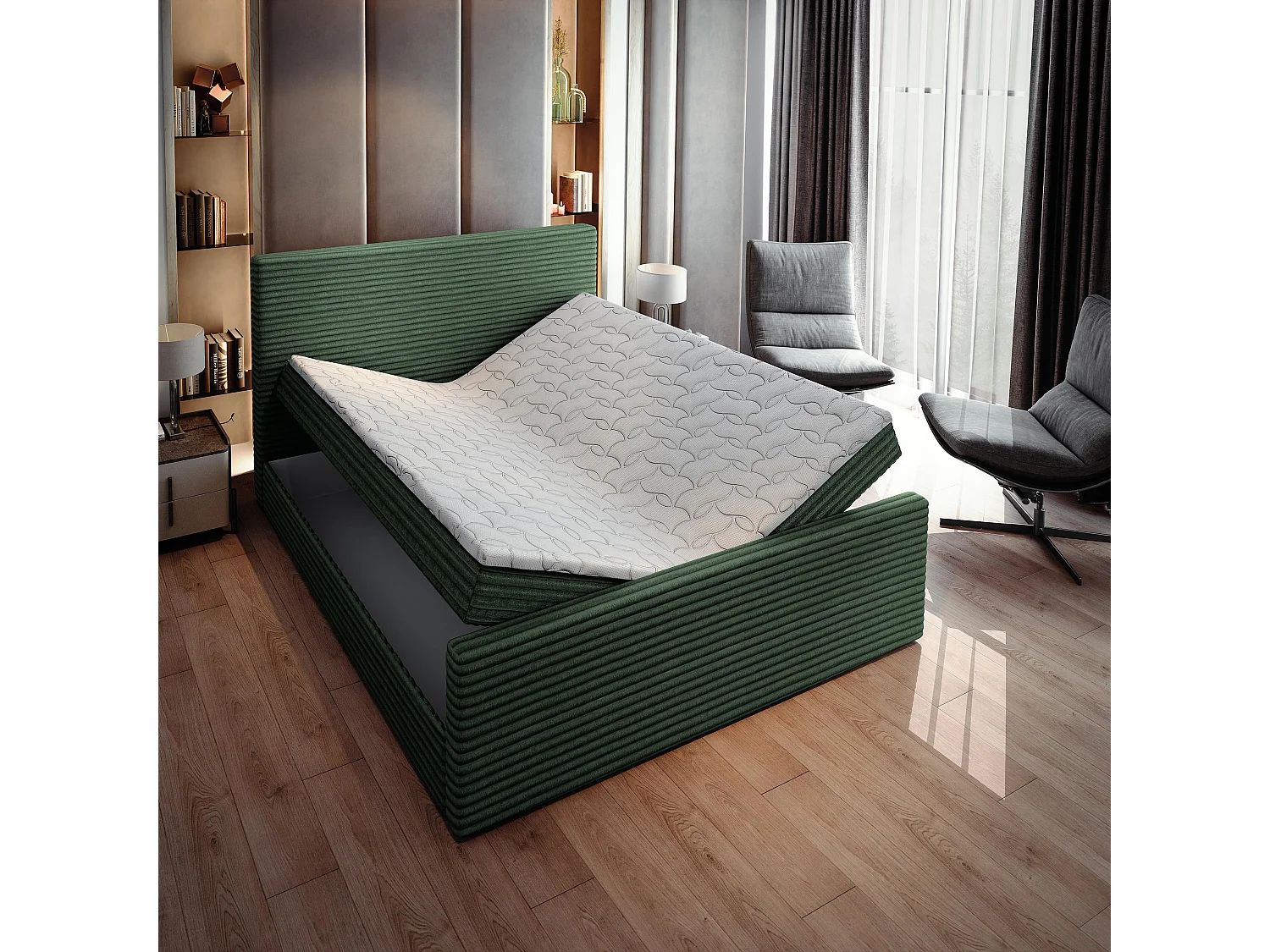 Boxspringbed BRENTO 180x200 cm Set met hoofdbord, bedbodem en matras, Dennengroen