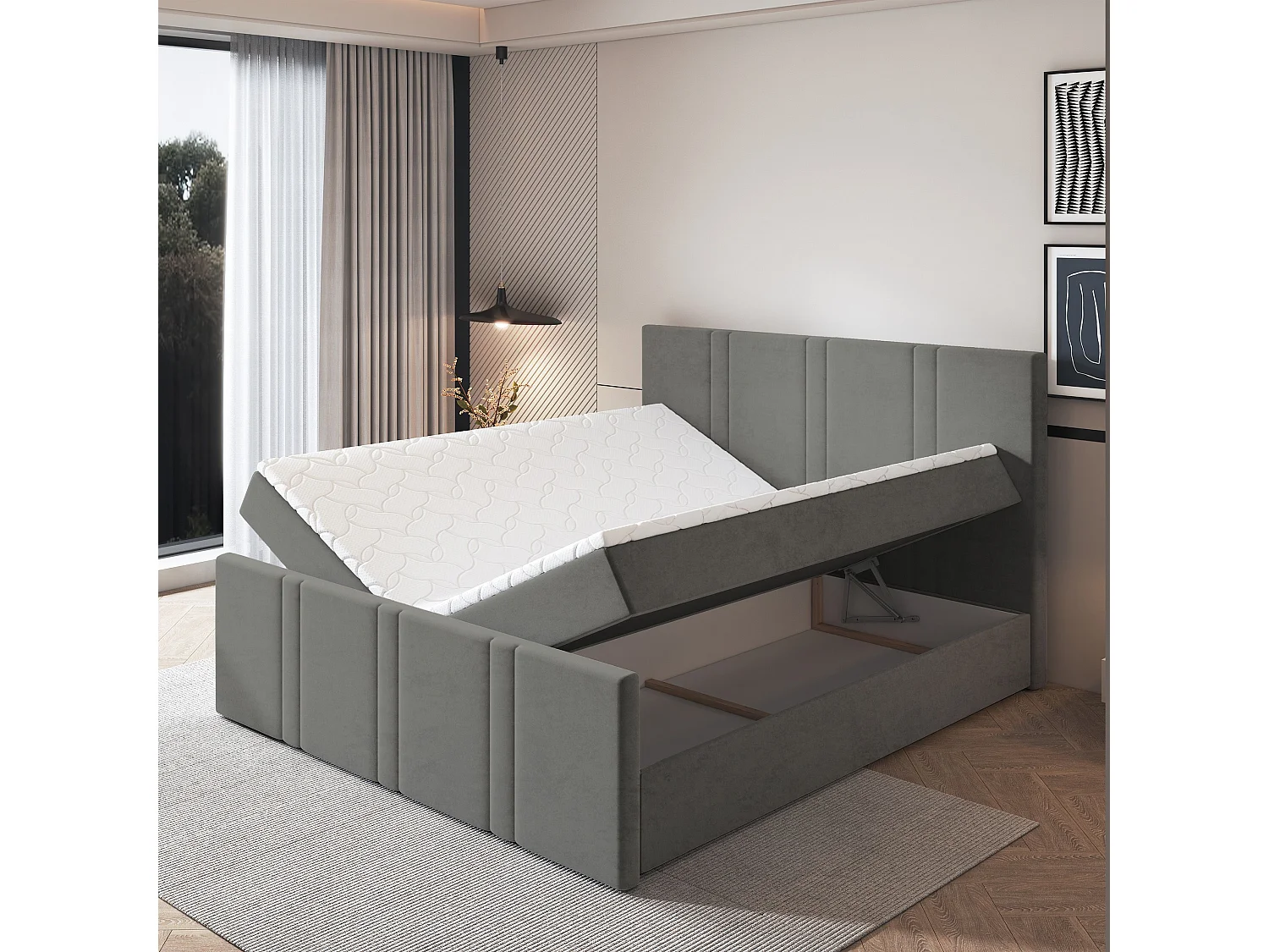Lit continental COMOZA, 180x200 cm, Tissu pelucheux, Gris
