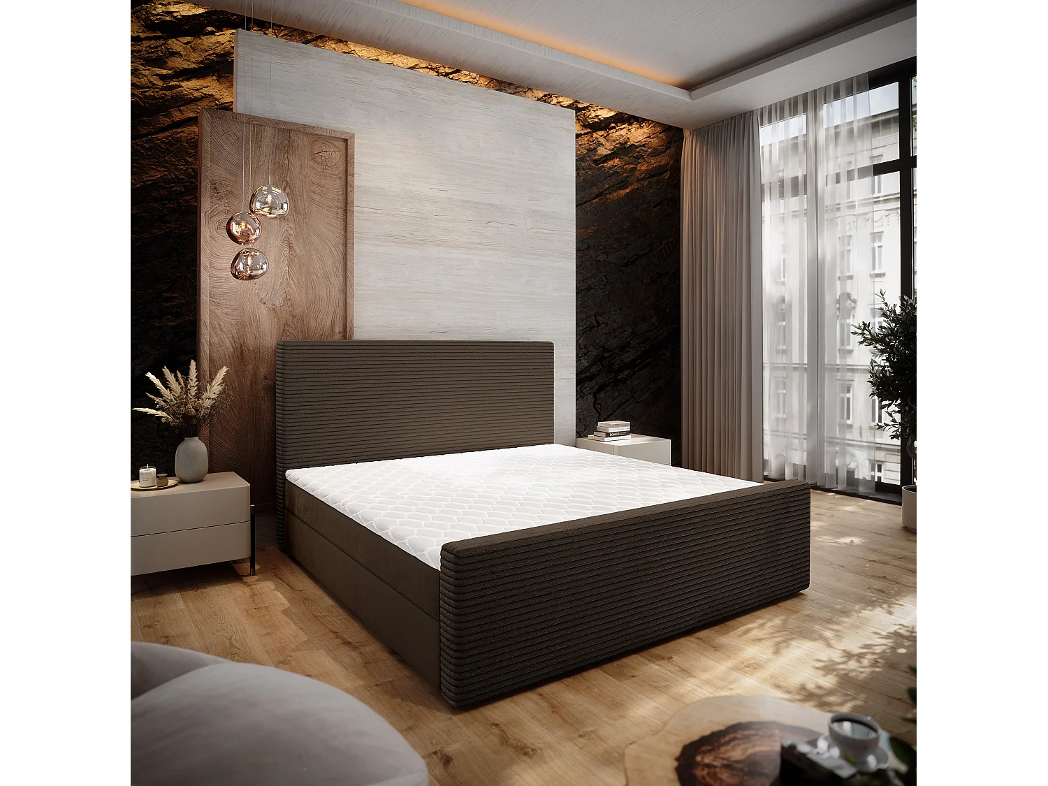 Lit continental ALORIA, 180x200 cm, Tissu pelucheux, Marron