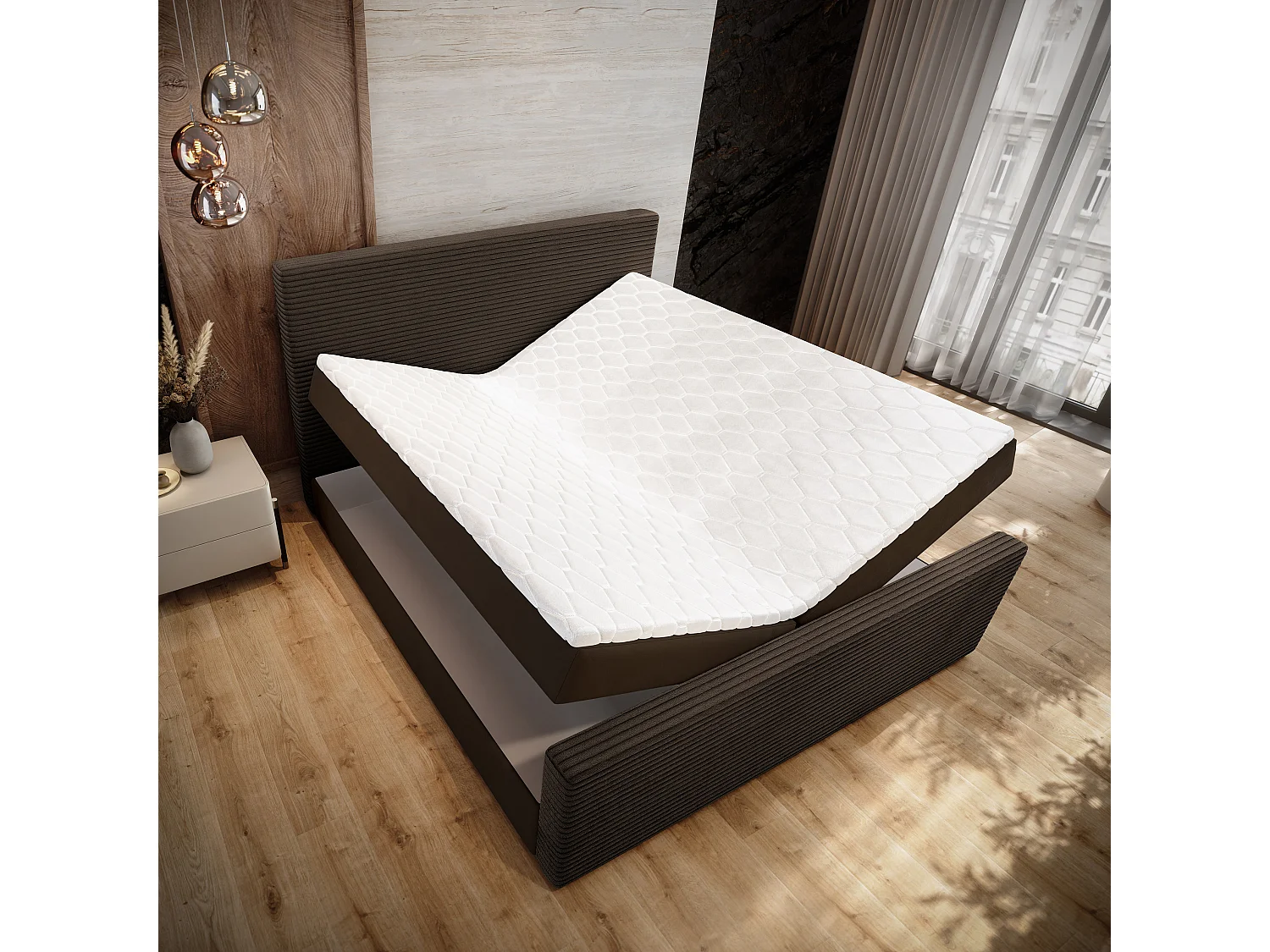 Lit continental ALORIA, 180x200 cm, Tissu pelucheux, Marron