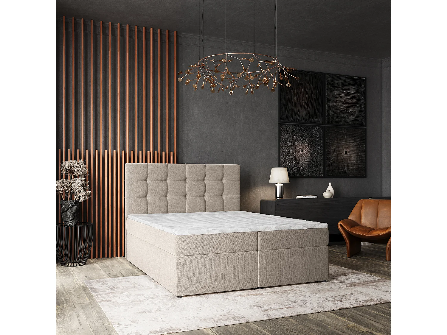 Lit continental PALMA, 160x200 cm, Tissu tressé, Beige
