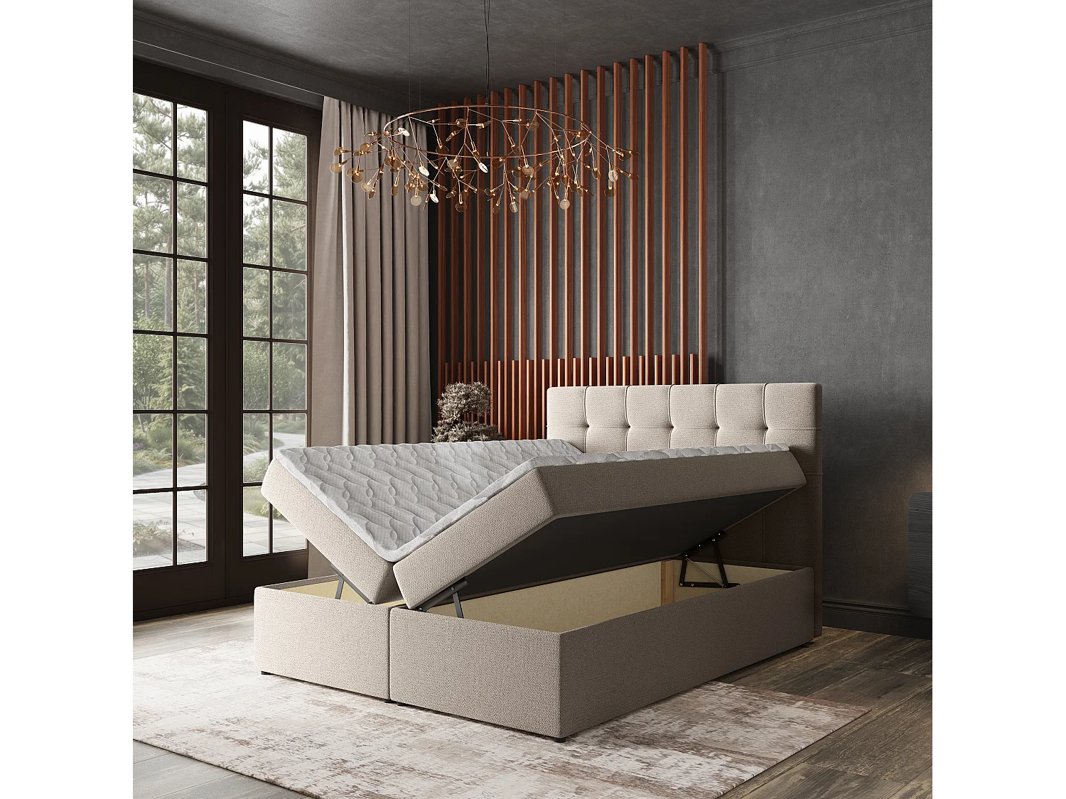 Lit continental PALMA, 160x200 cm, Tissu tressé, Beige