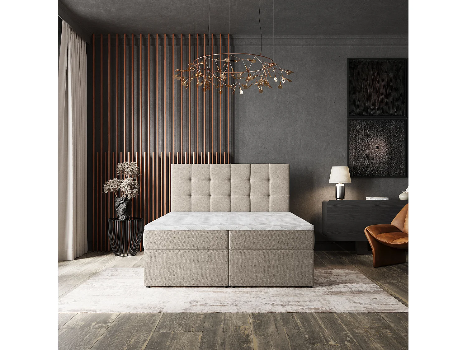 Lit continental PALMA, 160x200 cm, Tissu tressé, Beige