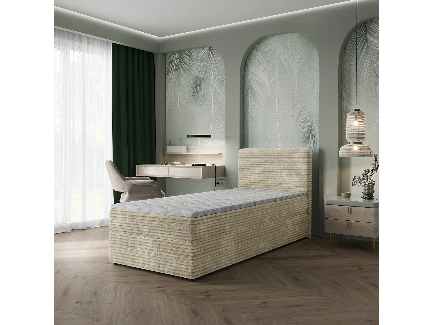 Boxspringbed PISA 90x200 cm Set met hoofdbord, bedbodem en matras, Crème
