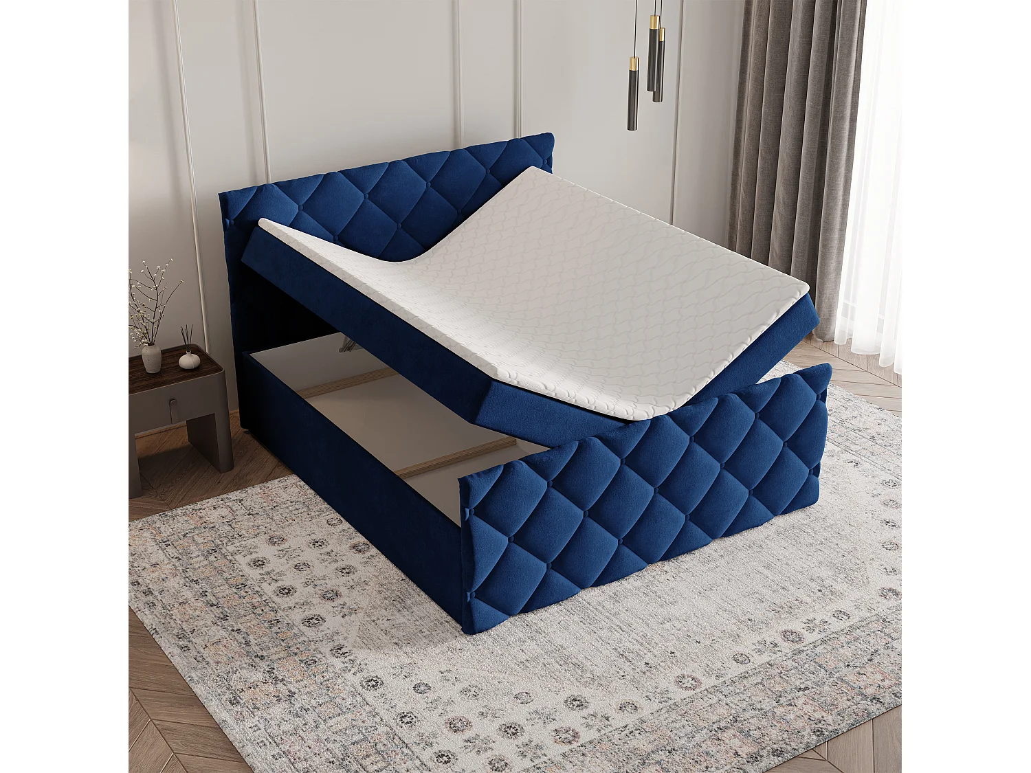 Lit continental ROVARI, 140x200 cm, Tissu pelucheux, Bleu