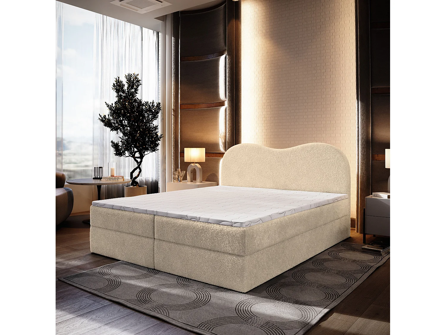 Boxspringbed FLUVIA 180x200 cm Set met hoofdbord, bedbodem en matras, Crème