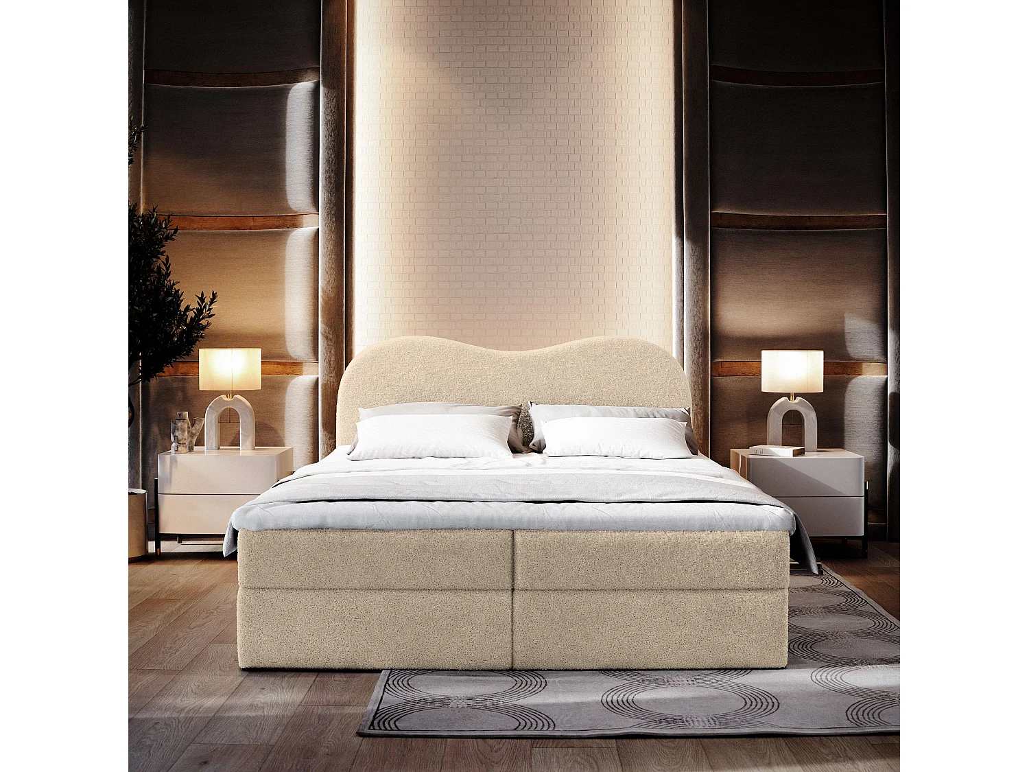Boxspringbed FLUVIA 180x200 cm Set met hoofdbord, bedbodem en matras, Crème