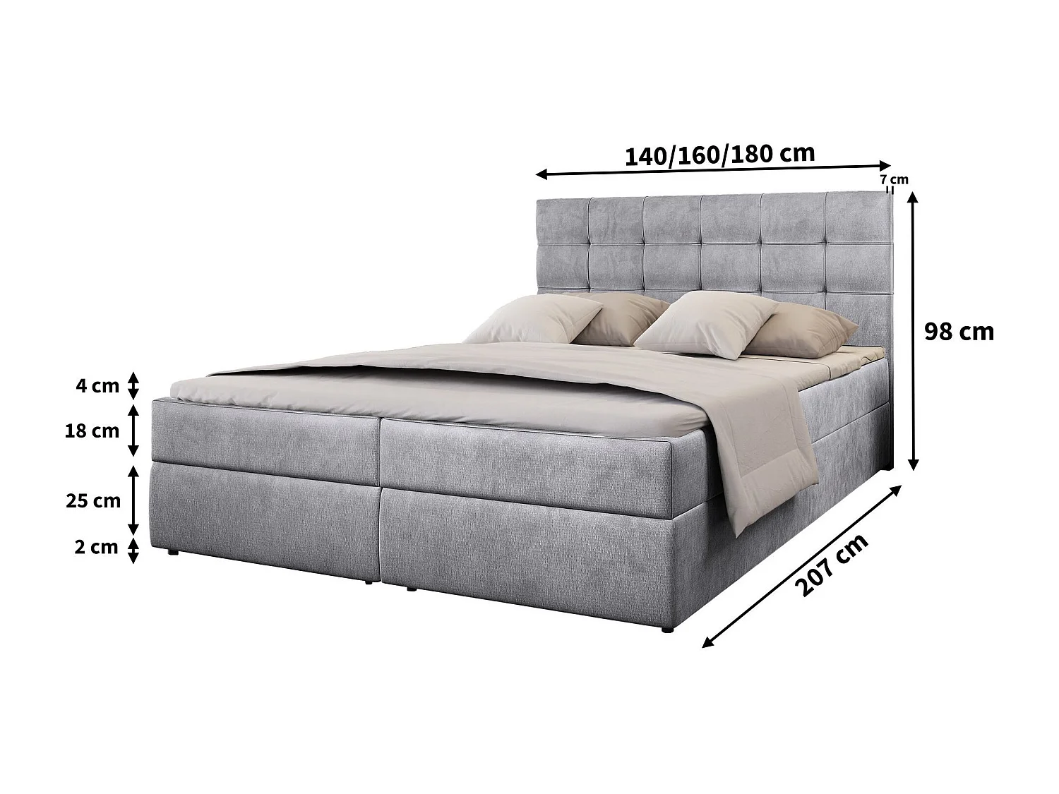 Boxspringbed GLOS 160x200 cm Set met hoofdbord, bedbodem en matras, Lichtgrijs