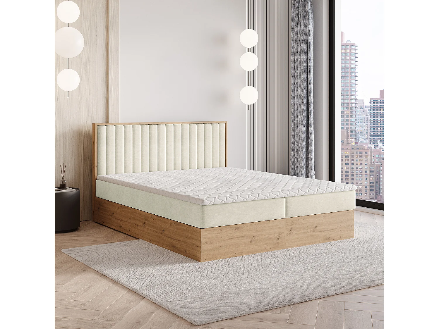 Lit continental VARELI, 160x200 cm, Tissu tressé, Couleur crème