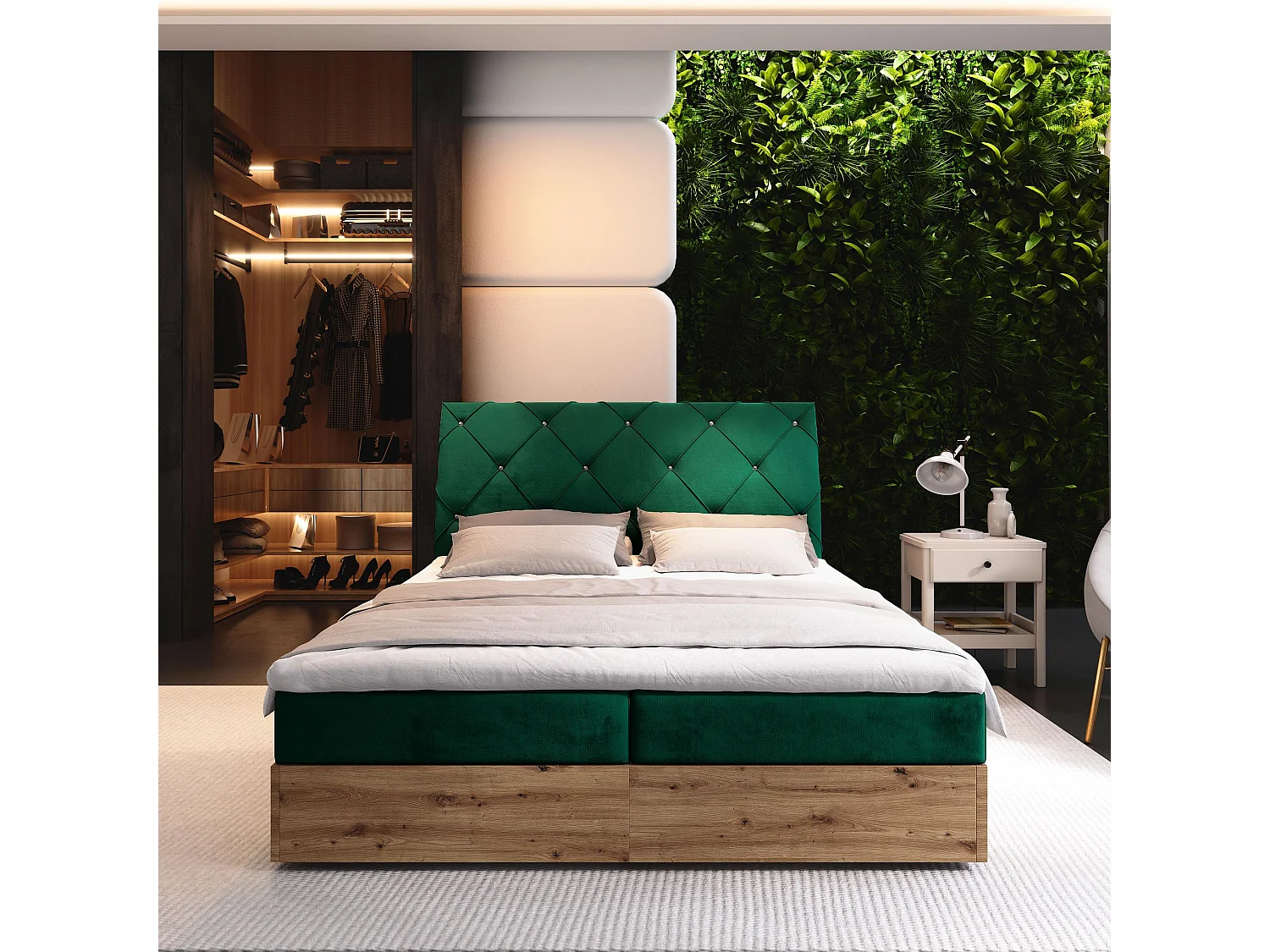 Boxspringbed VELLANO 180x200 cm Set met hoofdbord, bedbodem en matras, Dennengroen