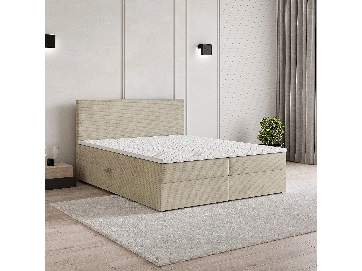 Lit continental NIRA, 160x200 cm, Tissu pelucheux, Couleur crème