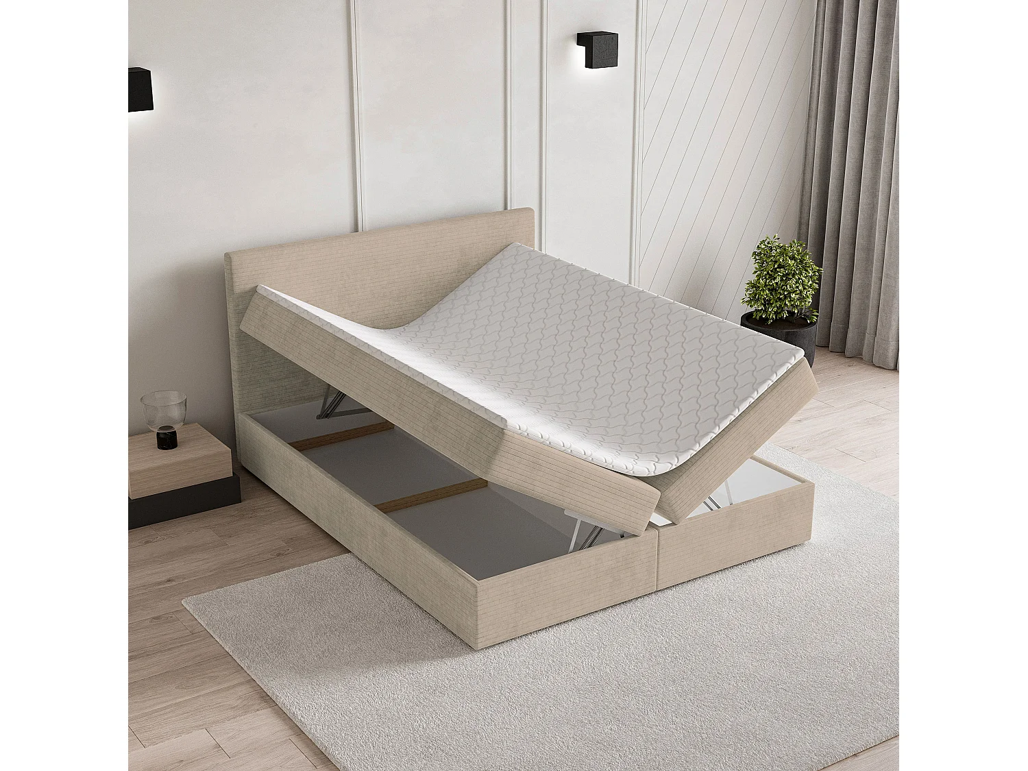 Lit continental NIRA, 160x200 cm, Tissu pelucheux, Couleur crème