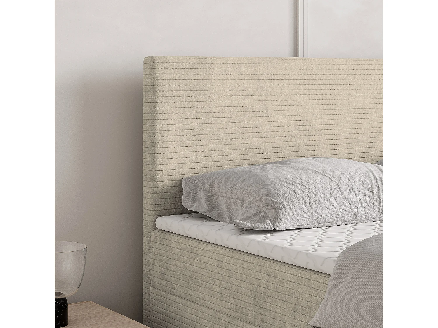Lit continental NIRA, 160x200 cm, Tissu pelucheux, Couleur crème