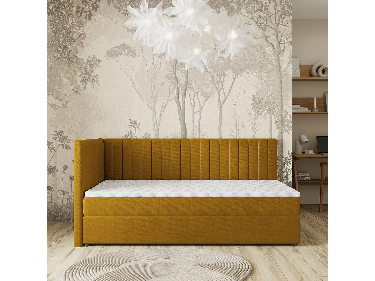 Lit boxspring ARIS 90x200 cm avec tête de lit, sommier et matelas, Jaune