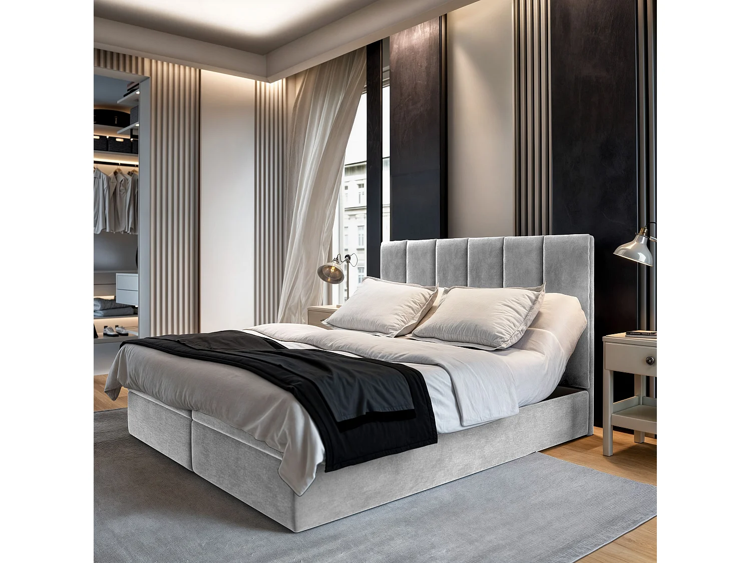 Lit continental BARINO, 160x200 cm, Tissu pelucheux, Gris clair
