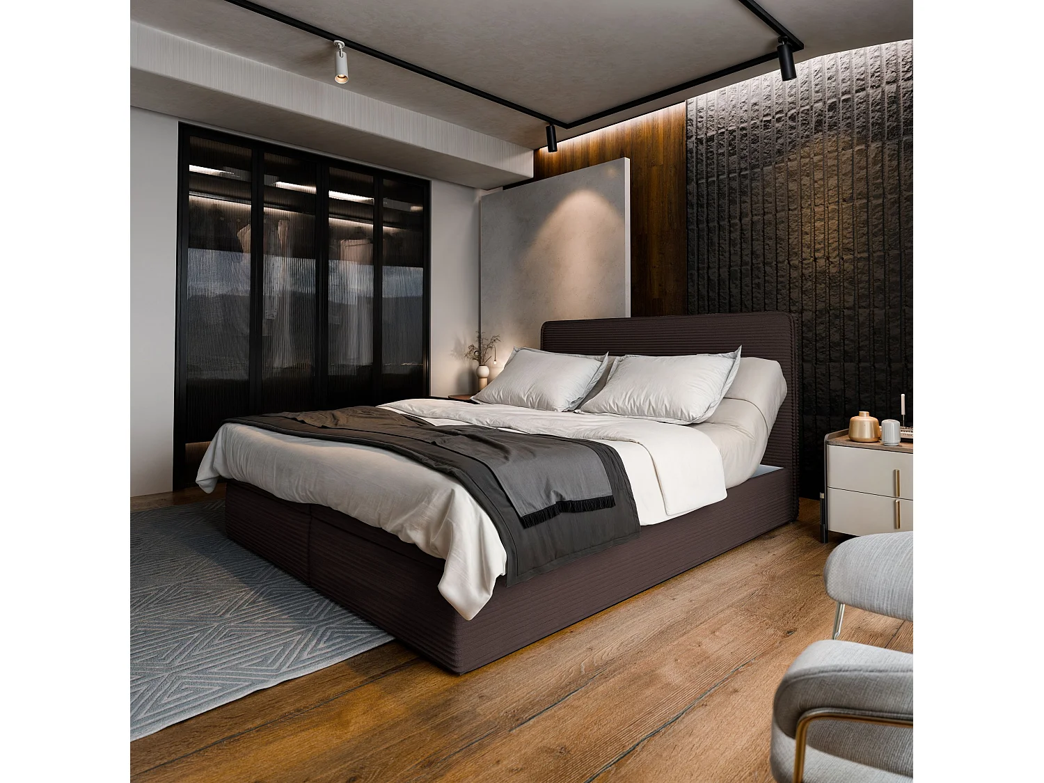 Lit continental ASTOR, 160x200 cm, Tissu en velours côtelé, Marron