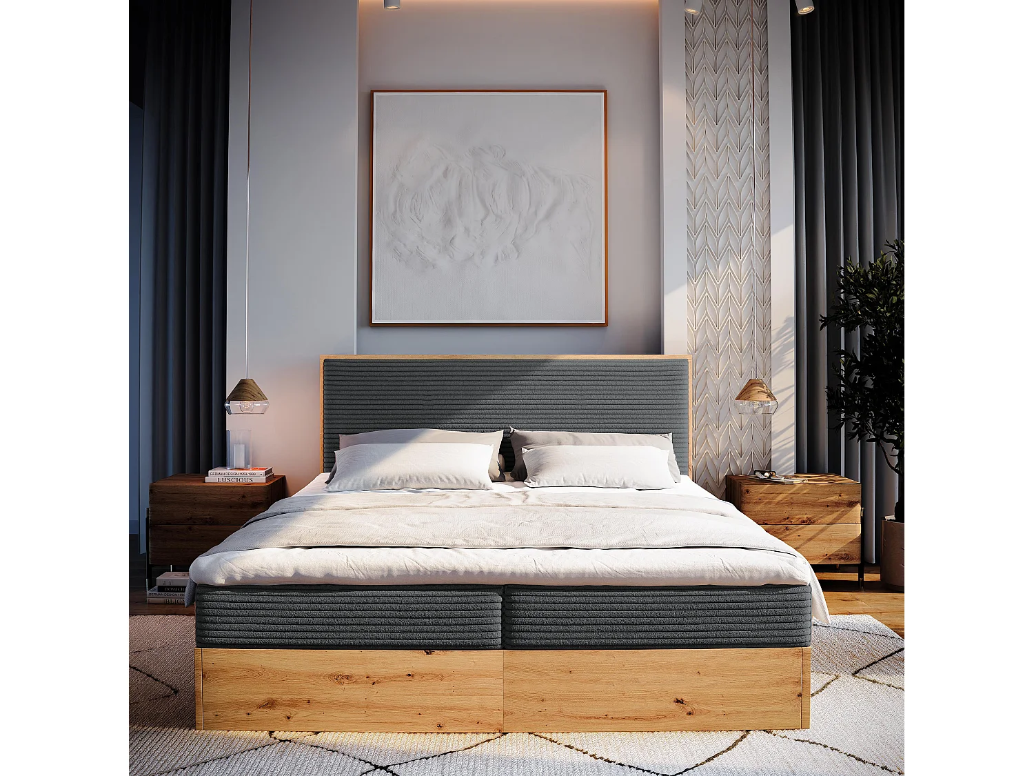 Lit continental VERDON, 180x200 cm, Tissu en velours côtelé, Gris