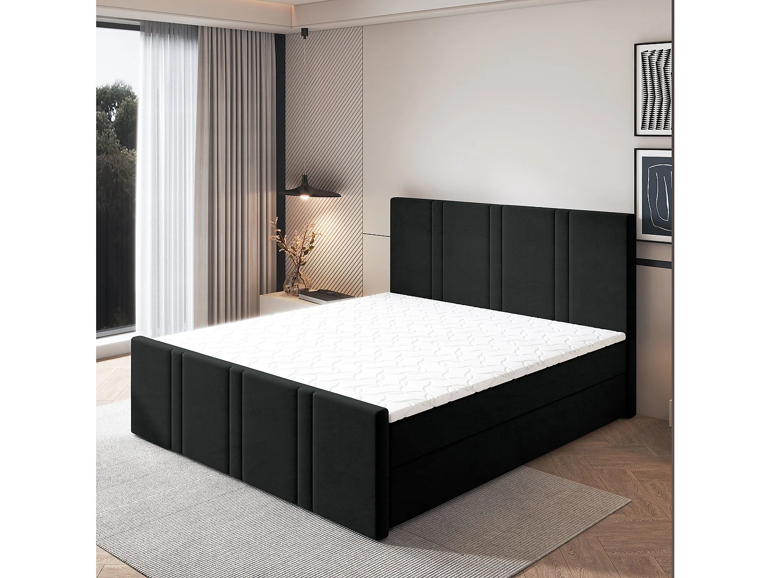 Lit continental COMOZA, 160x200 cm, Tissu pelucheux, Noir