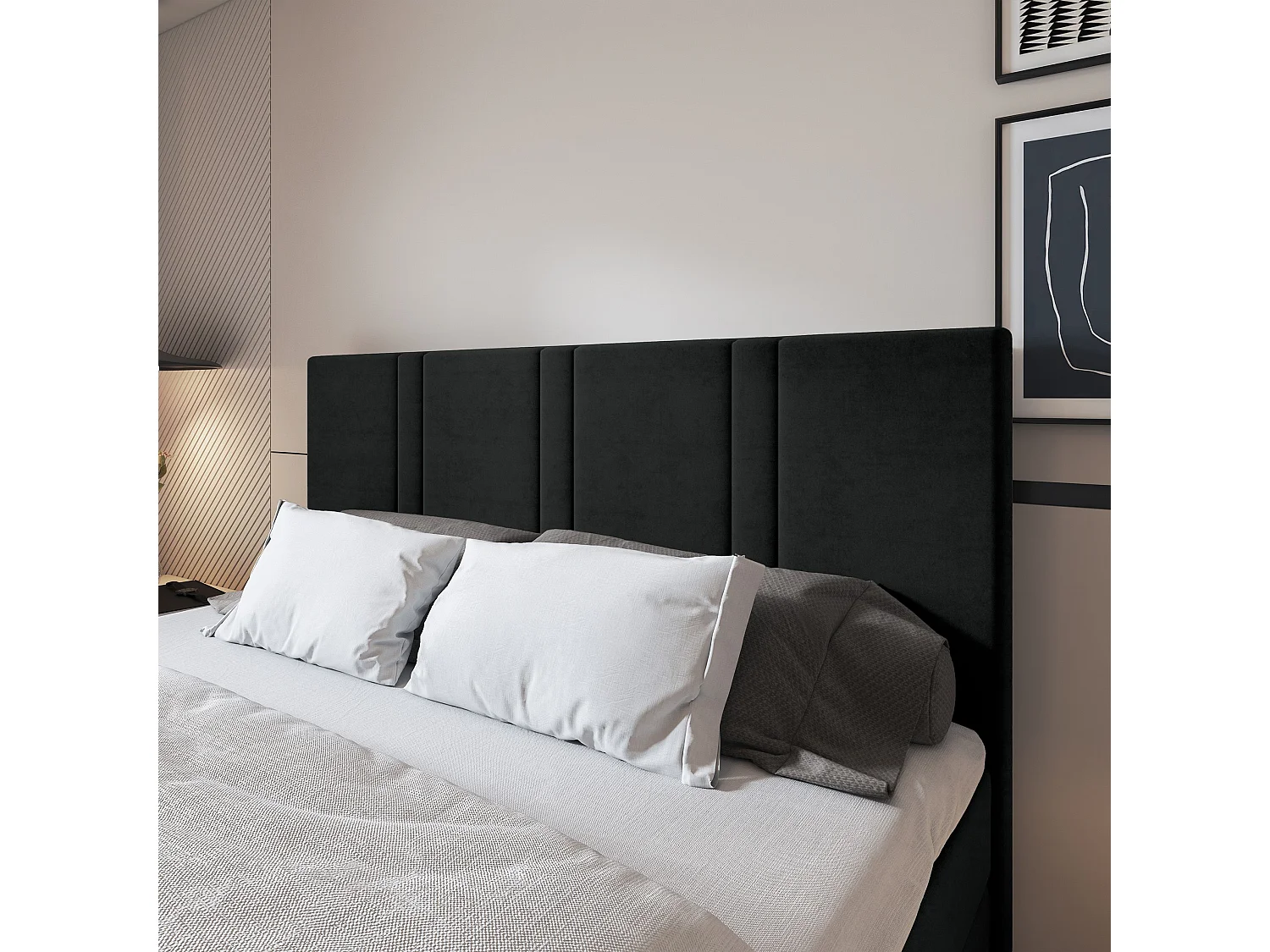 Lit continental COMOZA, 160x200 cm, Tissu pelucheux, Noir