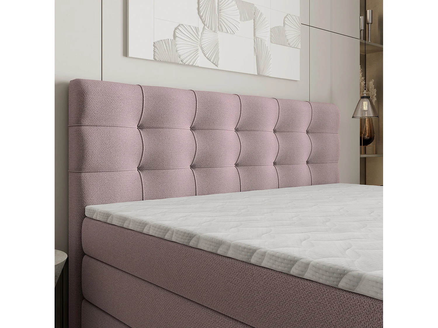 Lit continental AREZI, 160x200 cm, Tissu tressé, Rose
