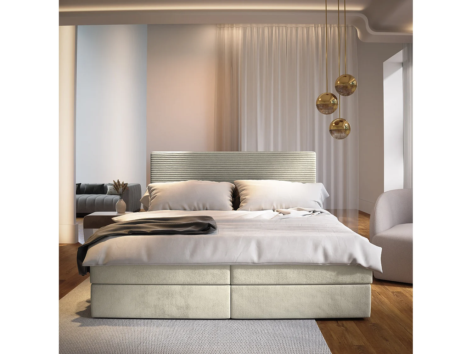 Lit continental GIARRO, 160x200 cm, Tissu pelucheux, Couleur crème