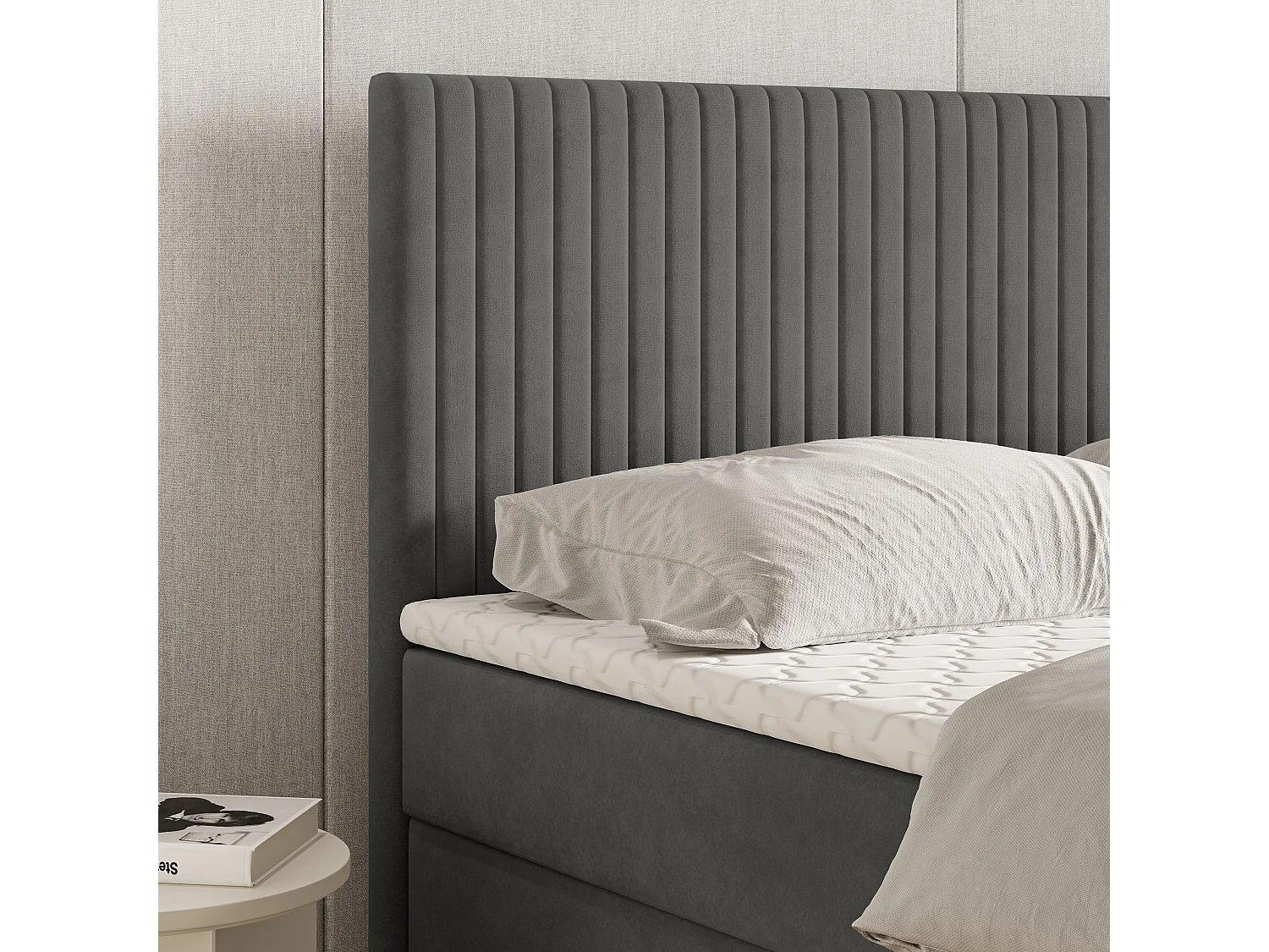 Lit continental TERVAN, 180x200 cm, Tissu pelucheux, Gris