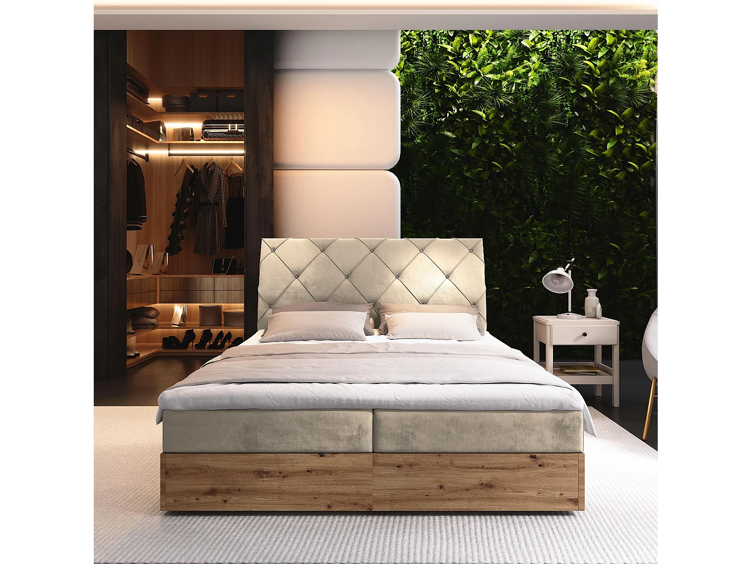 Boxspringbed VELLANO 180x200 cm Set met hoofdbord, bedbodem en matras, Beige