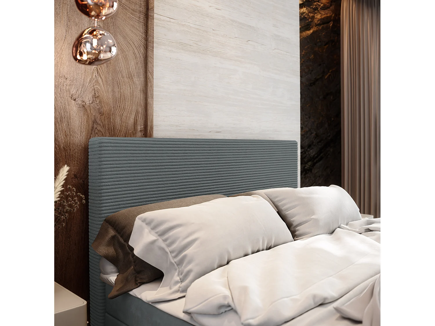 Lit continental ALORIA, 180x200 cm, Tissu pelucheux, Gris