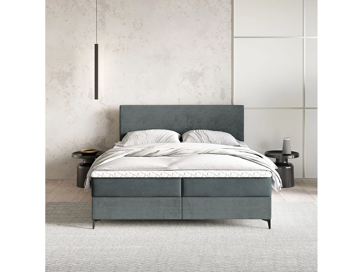 Lit continental TORREL, 160x200 cm, Tissu pelucheux, Gris
