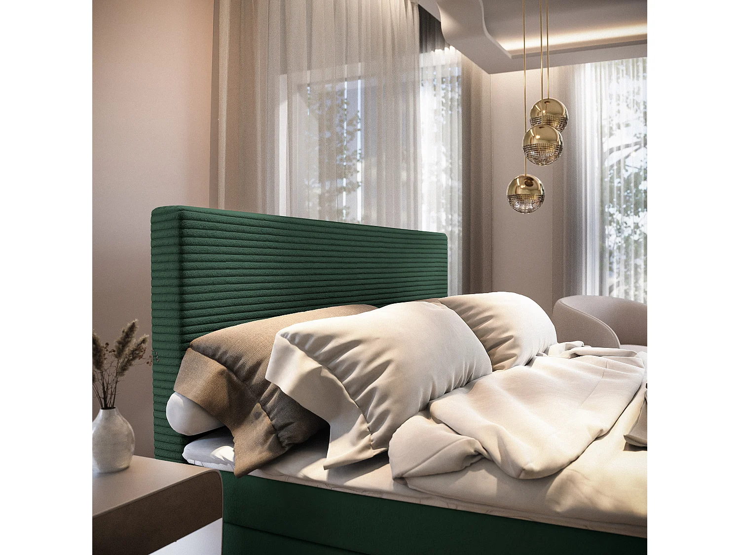 Lit continental GIARRO, 160x200 cm, Tissu pelucheux, Vert