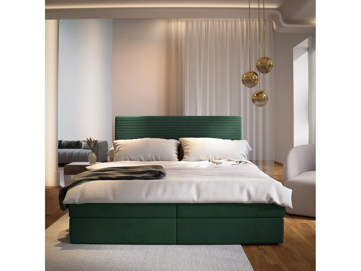 Lit continental GIARRO, 160x200 cm, Tissu pelucheux, Vert